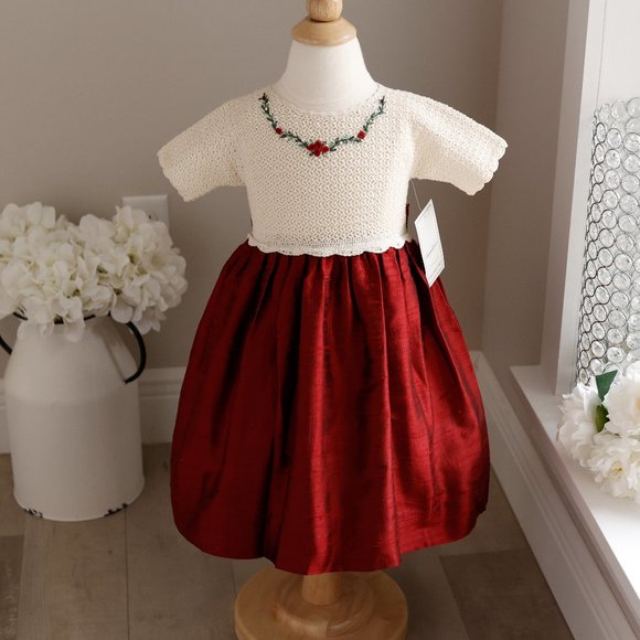 Red Dupioni Silk Dress Crocheted Top Size 24 Months/2T Special Occasion NWT - Picture 1 of 8